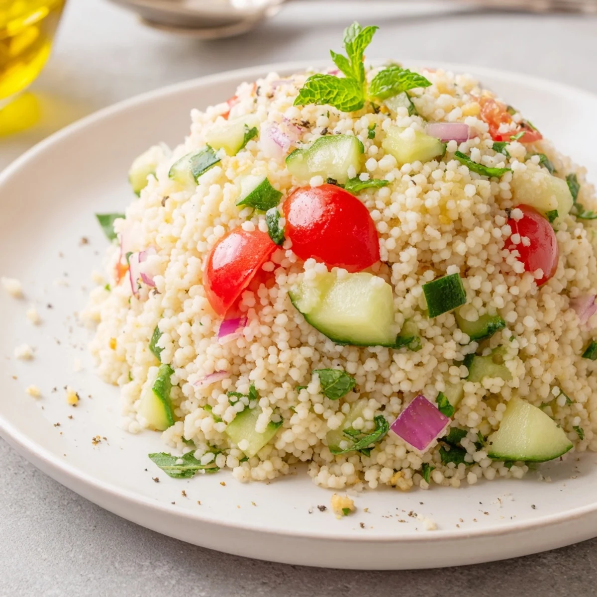 Easy Cucumber Lemon Couscous Salad served room temperature, herb-scented, light summer side