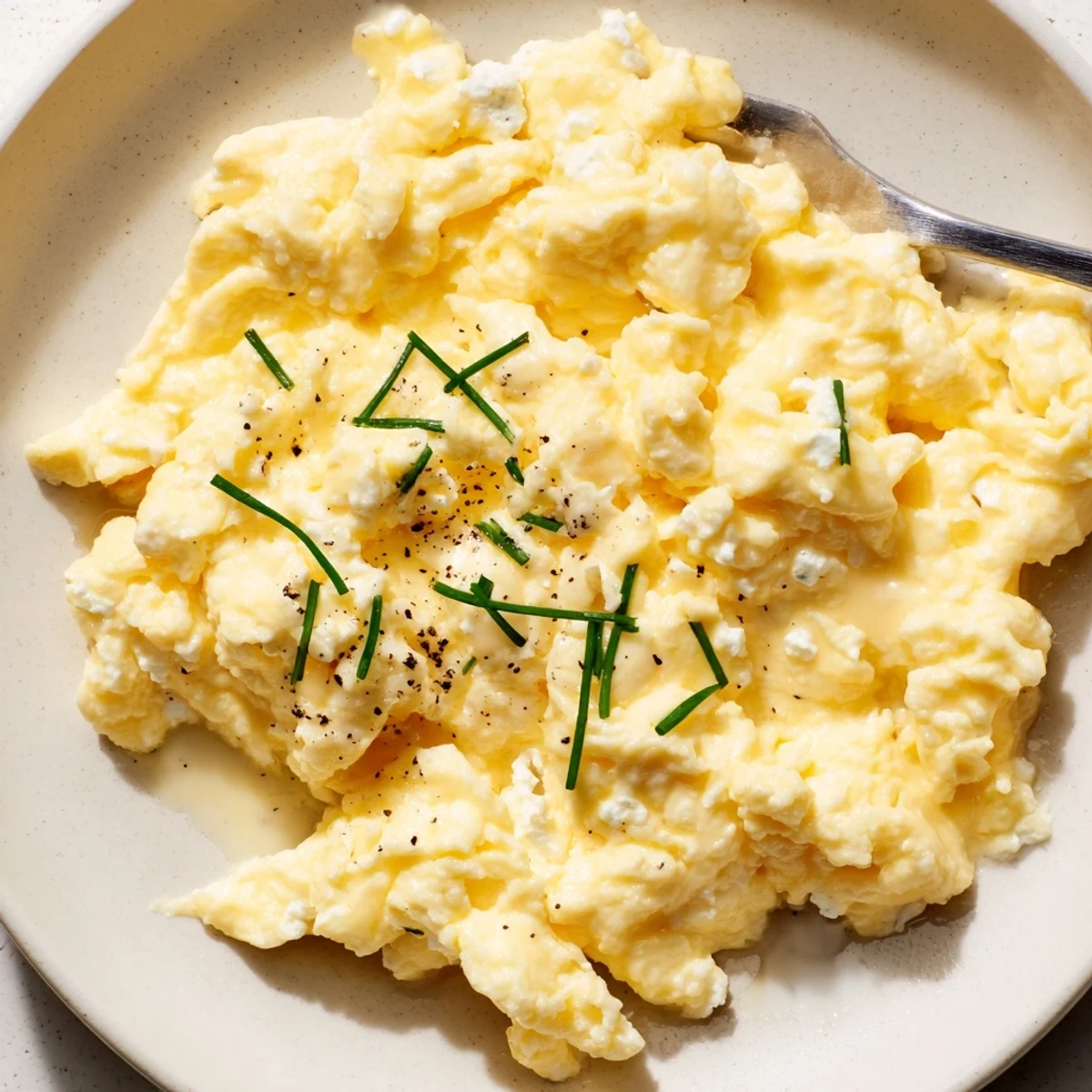 Cottage Cheese Scrambled Eggs with Chives, creamy and fluffy on toasted sourdough.