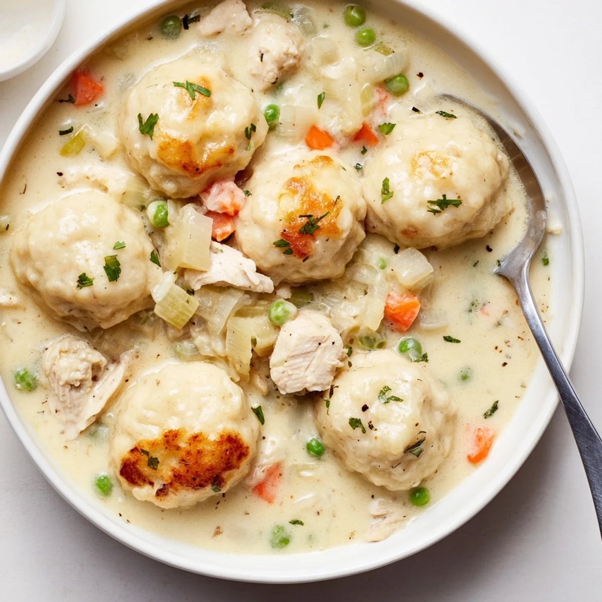 Steaming One Pot Chicken And Dumplings showcasing tender chicken, pillowy morsels, creamy broth.