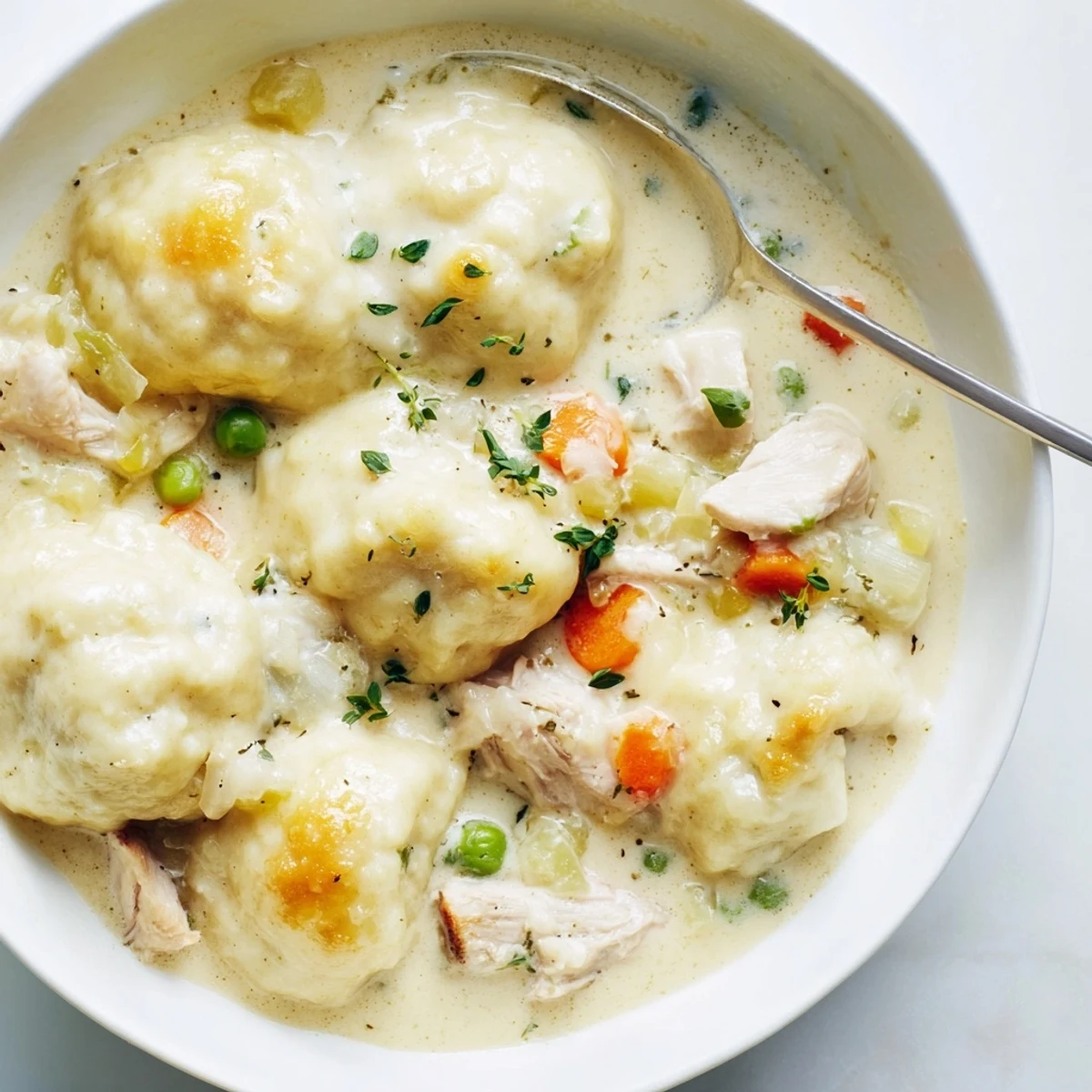 Hearty One Pot Chicken And Dumplings in a Dutch oven, carrots and peas visible.