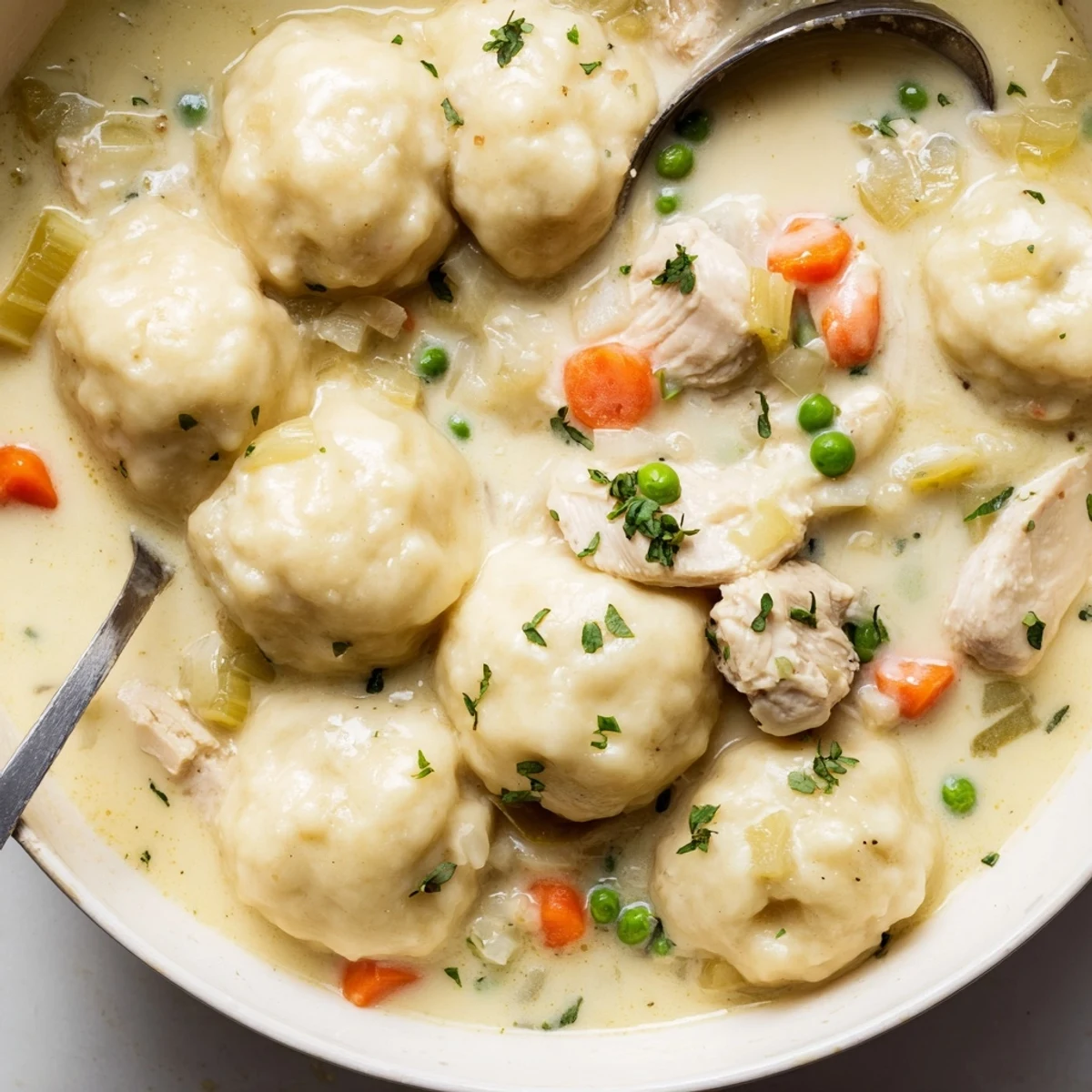 Bowl of One Pot Chicken And Dumplings served hot with chopped parsley garnish.