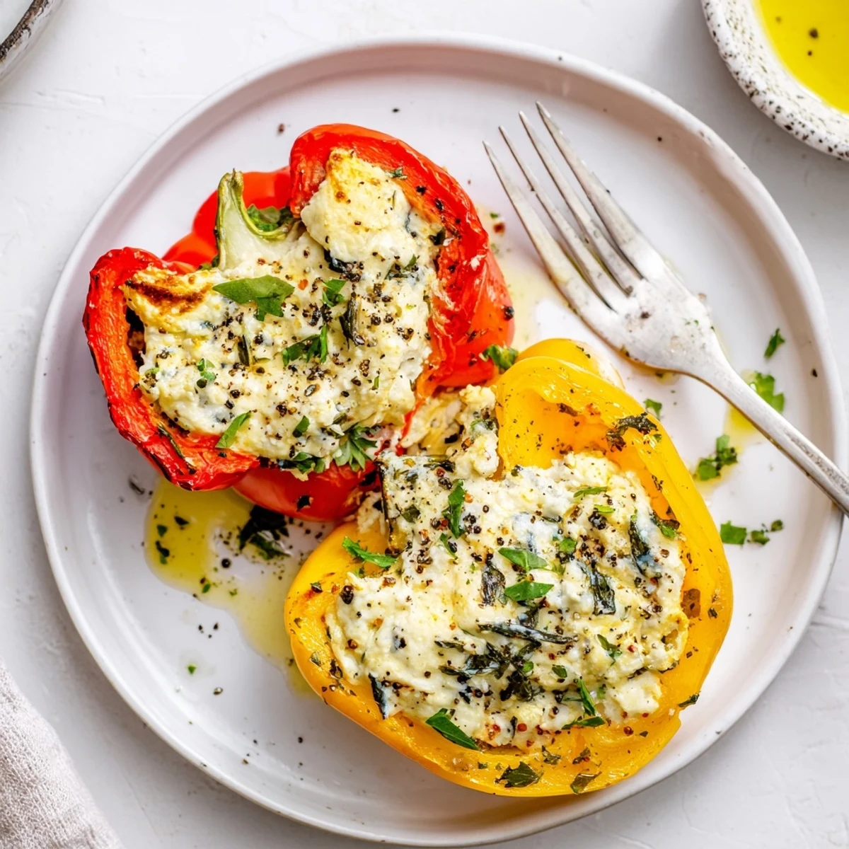 Warm Herby Ricotta Stuffed Peppers nestled on a plate with crusty bread