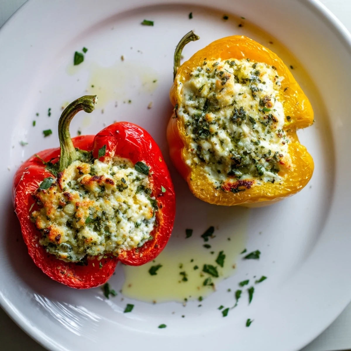 Herby Ricotta Stuffed Peppers bubbling in a baking dish, golden and aromatic