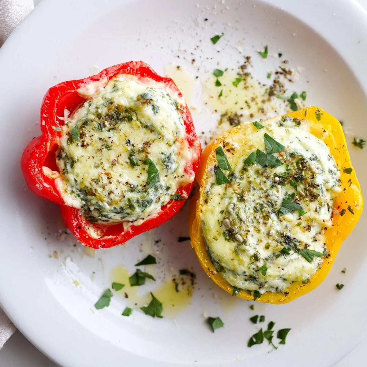 Oven-browned Herby Ricotta Stuffed Peppers topped with fresh basil and lemon zest