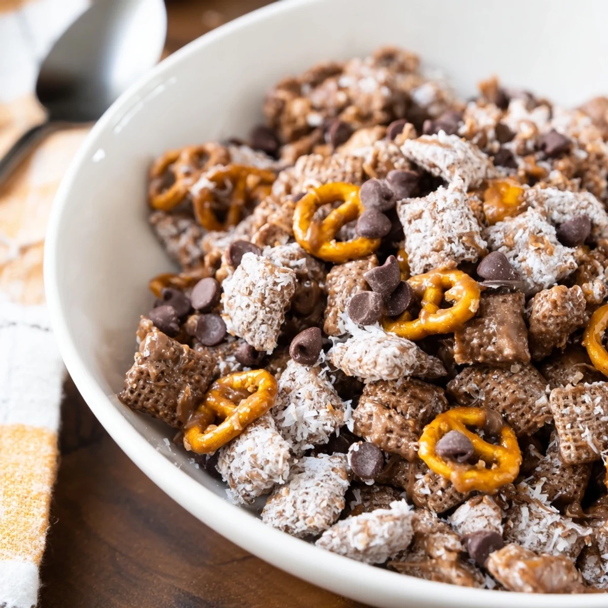 Samoas Puppy Chow Cereal in a bowl, crunchy chocolate-caramel and toasted coconut.