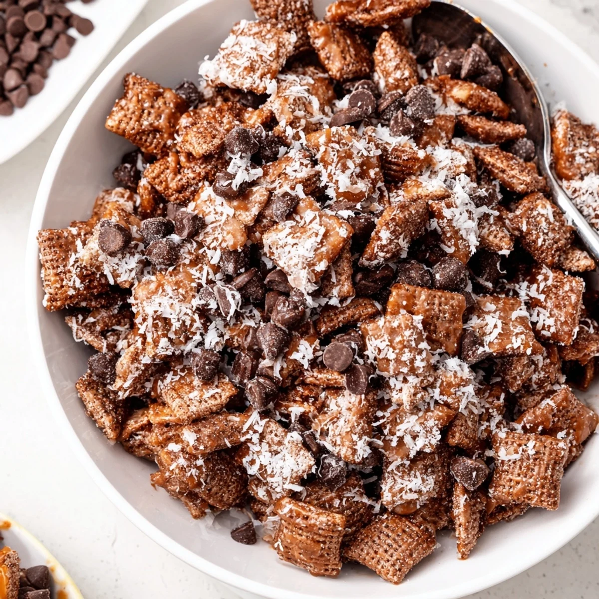 Homemade Samoas Puppy Chow Cereal cooling on parchment, powdered sugar dusting.