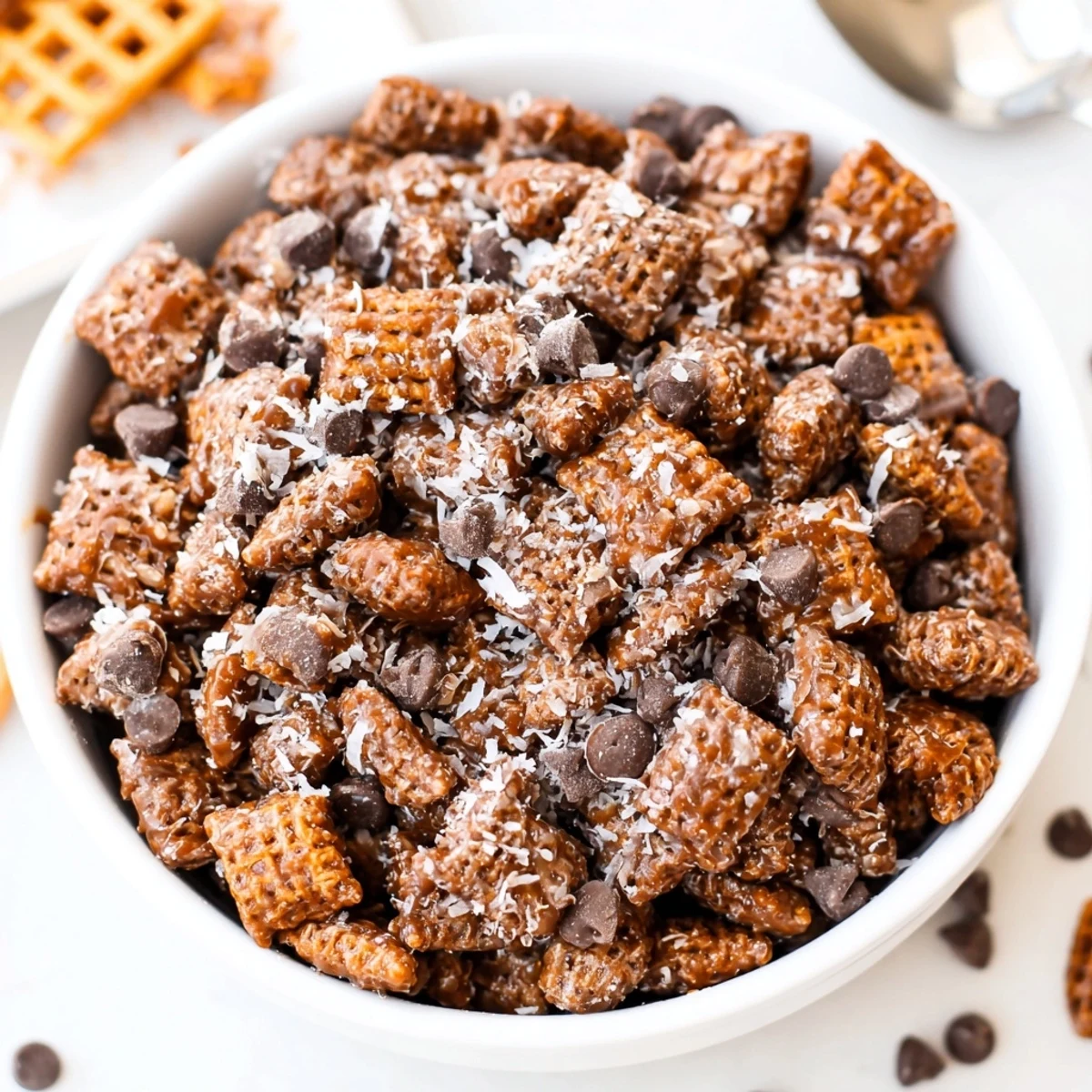 Shareable Samoas Puppy Chow Cereal in mason jars, caramel-glazed crunch with chocolate chips.