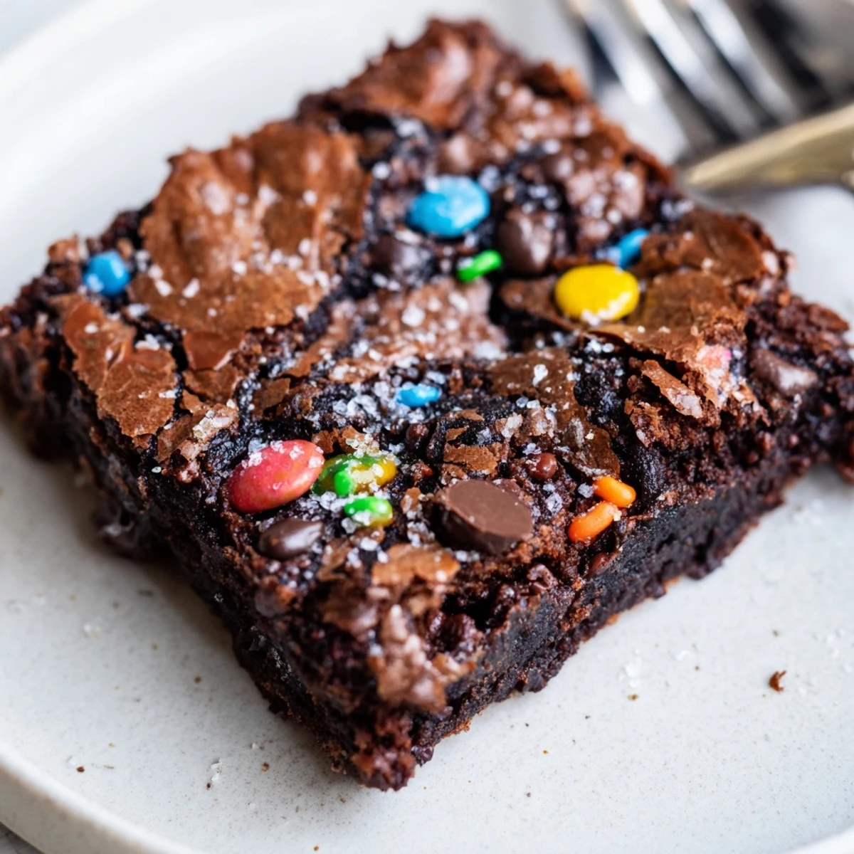 Sourdough Cosmic Chocolate Brownies glistening fudgy center, rainbow sprinkles, cooling on rack.