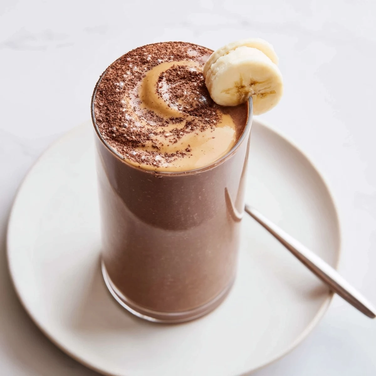 Chocolate Peanut Butter Banana smoothie swirled in glass, creamy, chilly breakfast treat