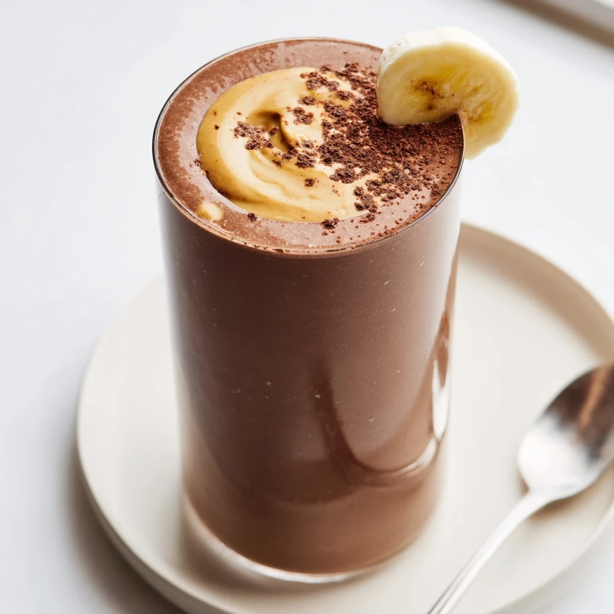 Frosty Chocolate Peanut Butter Banana shake topped with banana slices and peanut drizzle