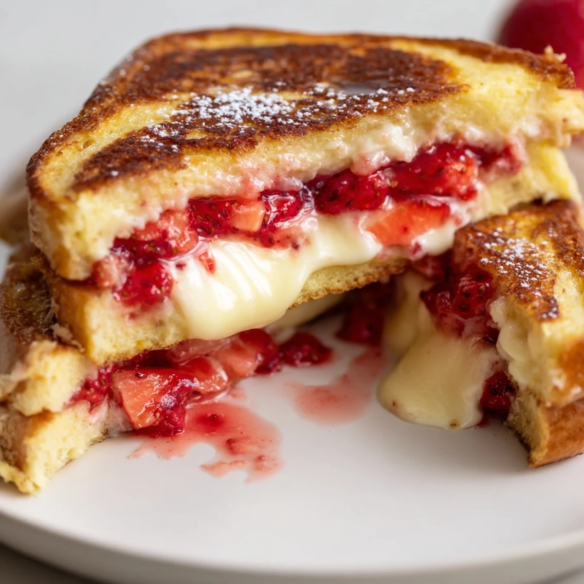 Warm, golden Cream Cheese Stuffed French Toast With Strawberry Drizzle, glossy berry syrup