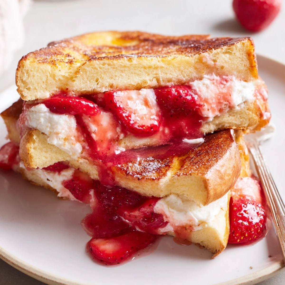 Plate of Cream Cheese Stuffed French Toast With Strawberry Drizzle, creamy filling oozing