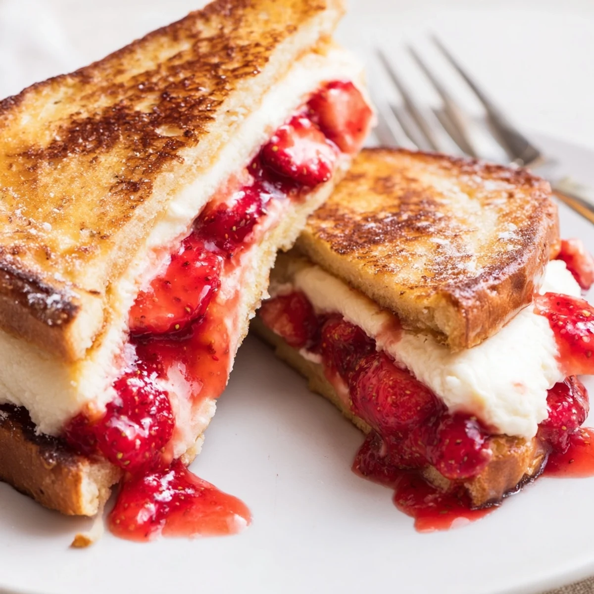 Sliced Cream Cheese Stuffed French Toast With Strawberry Drizzle, served with whipped cream