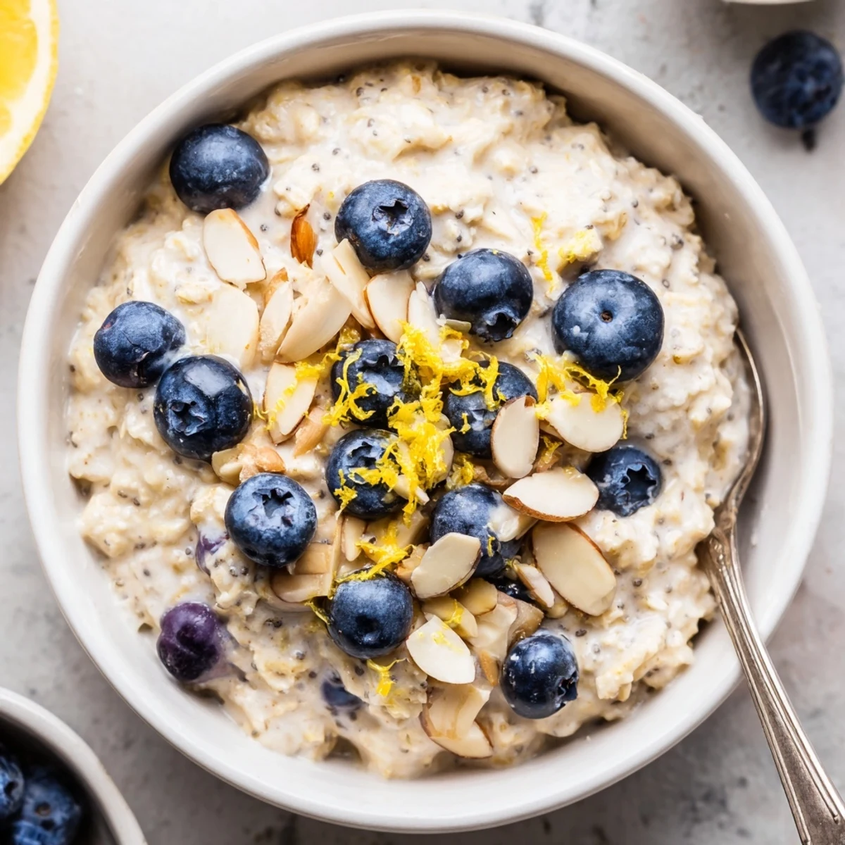 Creamy Blueberry Lemon Overnight Oats topped with fresh blueberries and toasted almonds