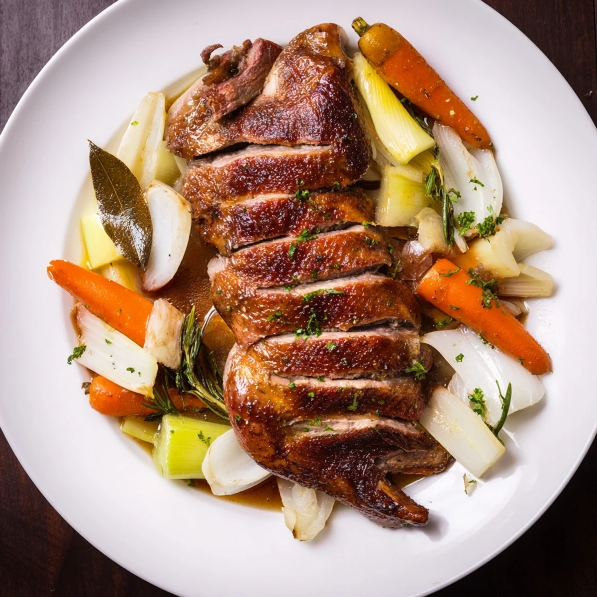 Sliced Crispy Braised Duck With Savory Vegetables served with warm braising juices