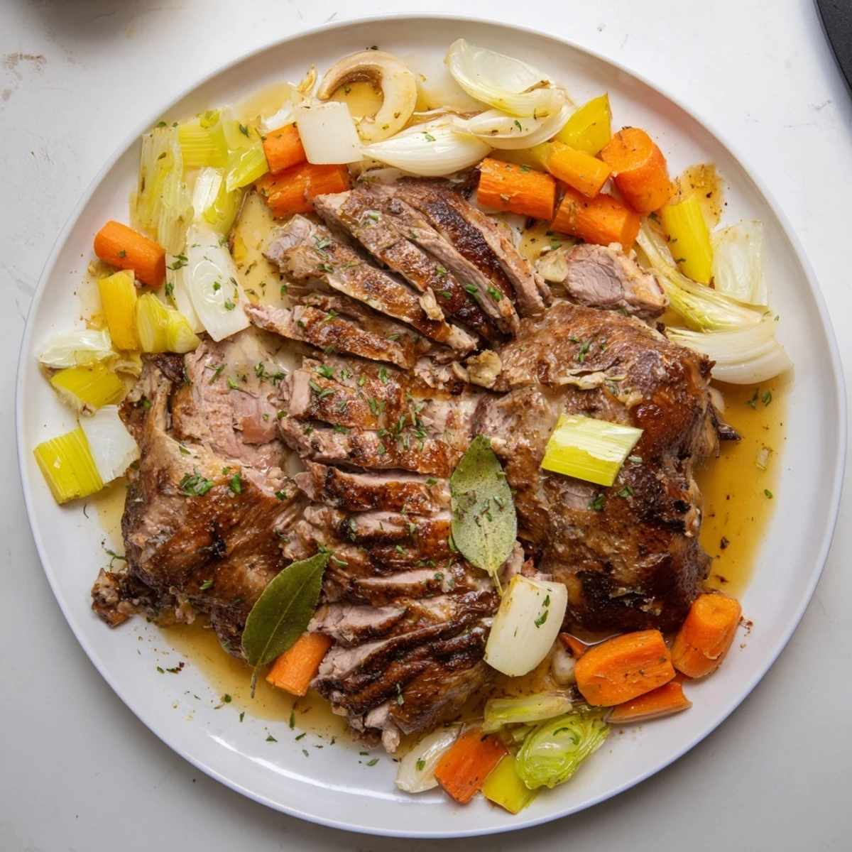 Crispy Braised Duck With Savory Vegetables resting on rustic platter, juices glistening