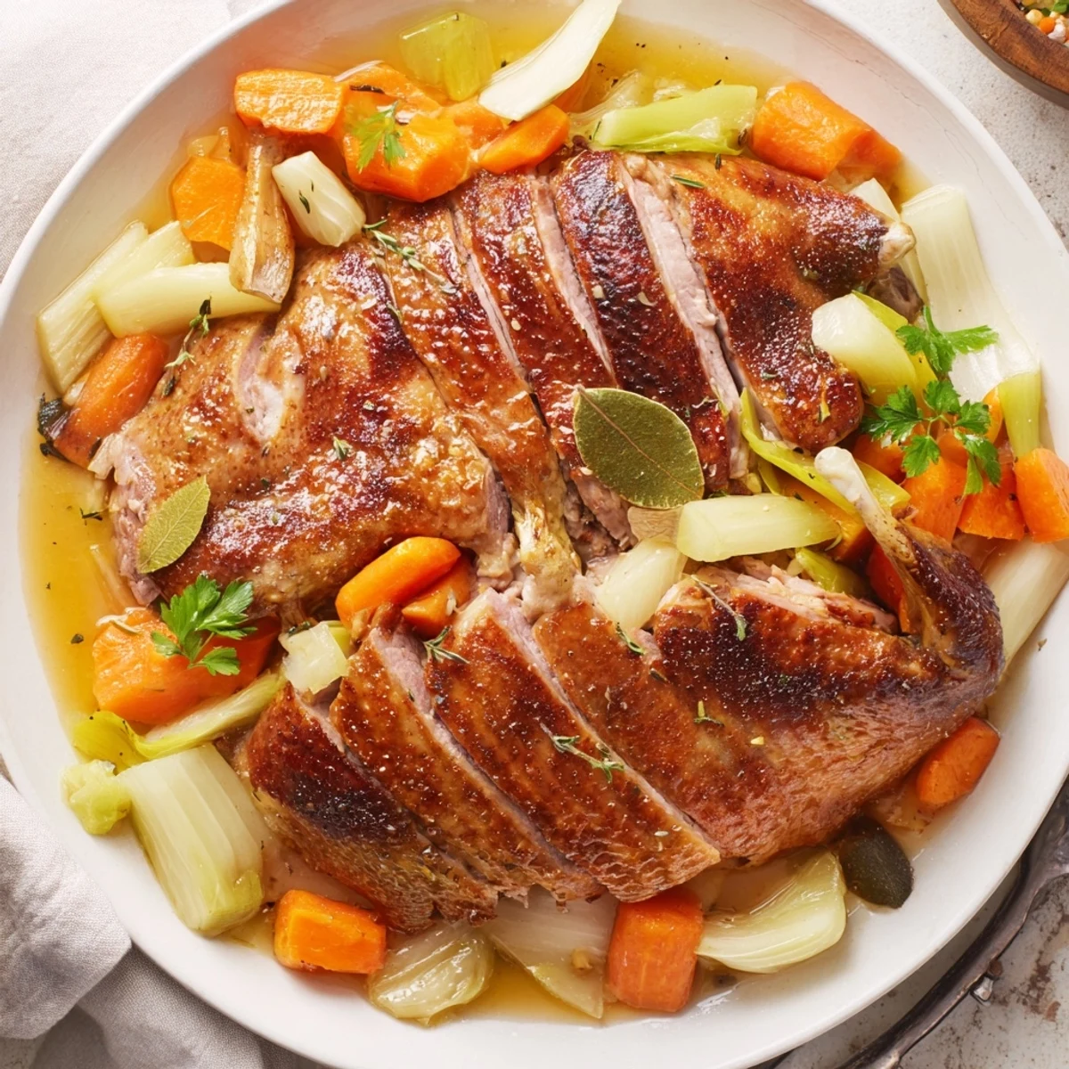 Oven roasted Crispy Braised Duck With Savory Vegetables atop caramelized root vegetables