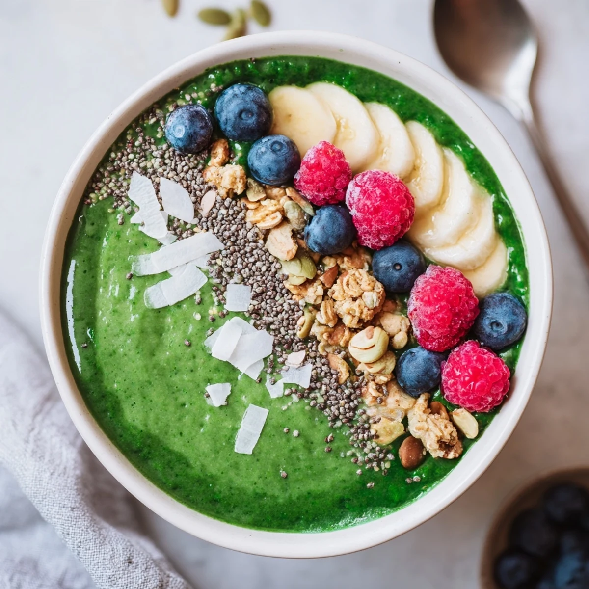 Green Smoothie Bowl with Spirulina, Banana & Hemp Seeds drizzled with maple syrup