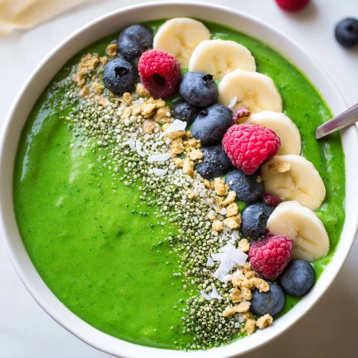 Green Smoothie Bowl with Spirulina, Banana & Hemp Seeds topped with crunchy granola