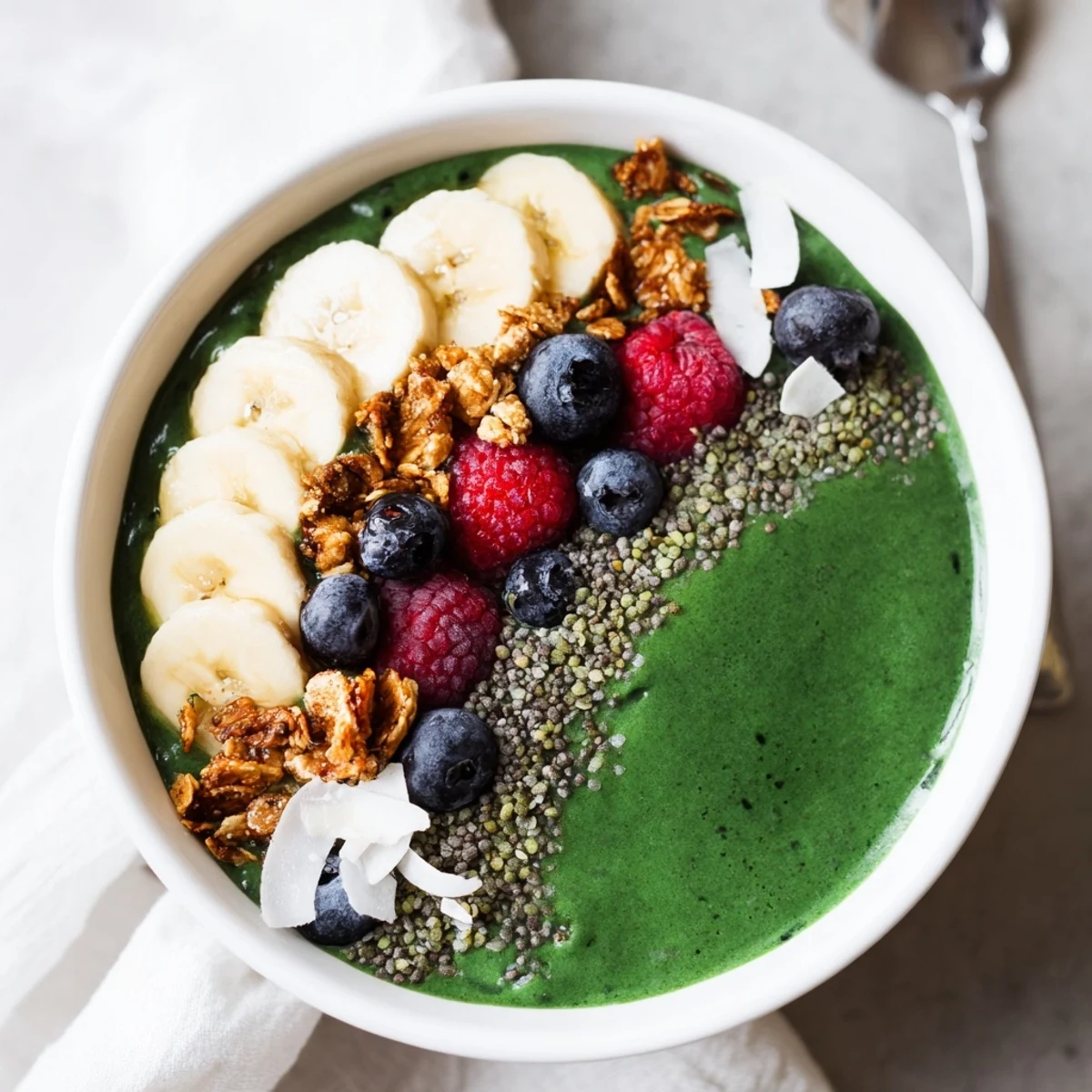 Green Smoothie Bowl with Spirulina, Banana & Hemp Seeds creamy, bright, perfect for breakfast