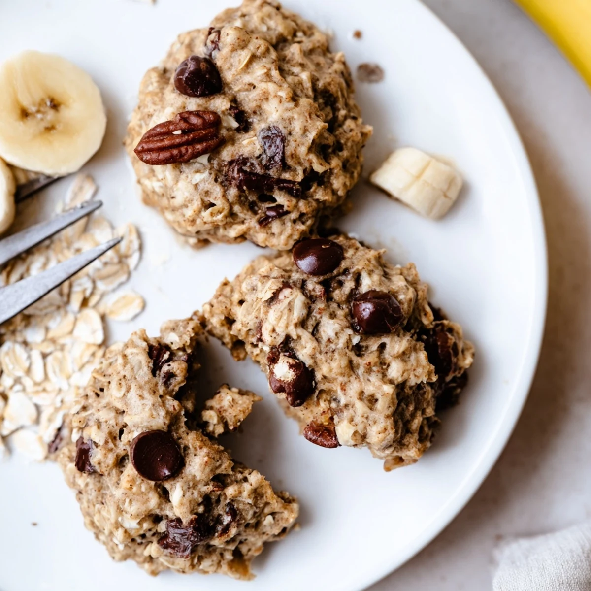 Warm Banana Oat Cookies on parchment, banana aroma and melty chips.
