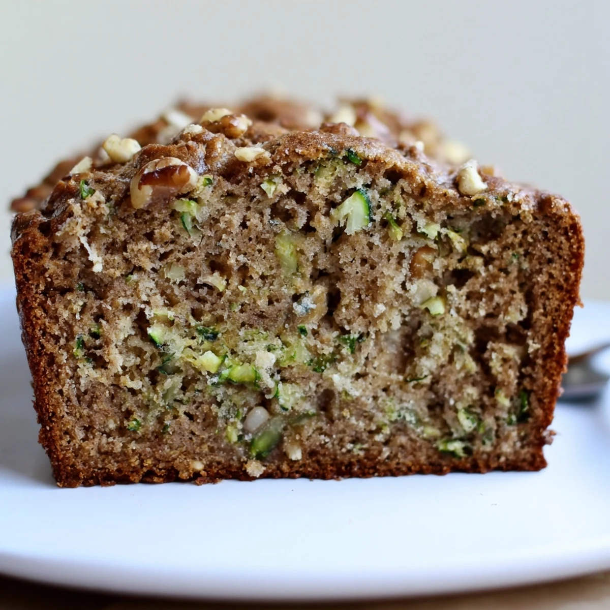 Slice of Zucchini Banana Bread with walnuts, moist crumb, served with coffee