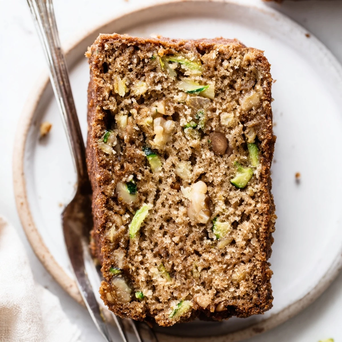 Warm Zucchini Banana Bread loaf, cinnamon aroma, flecked with tender green shreds