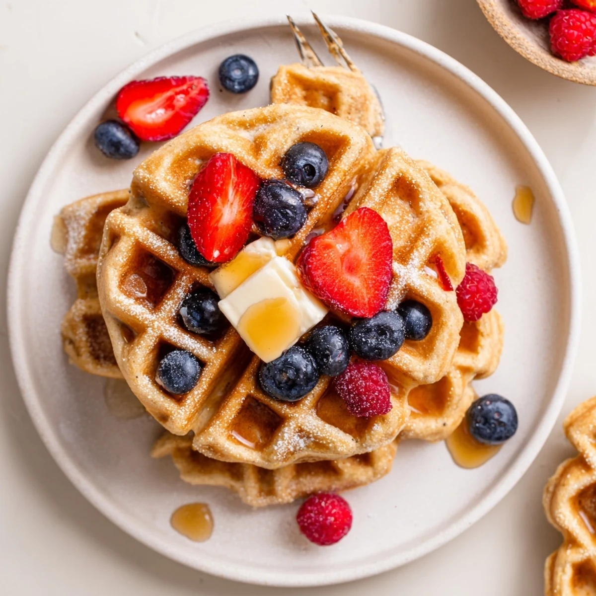 Almond Flour Waffles With Berries, golden and fluffy, drizzled with maple syrup