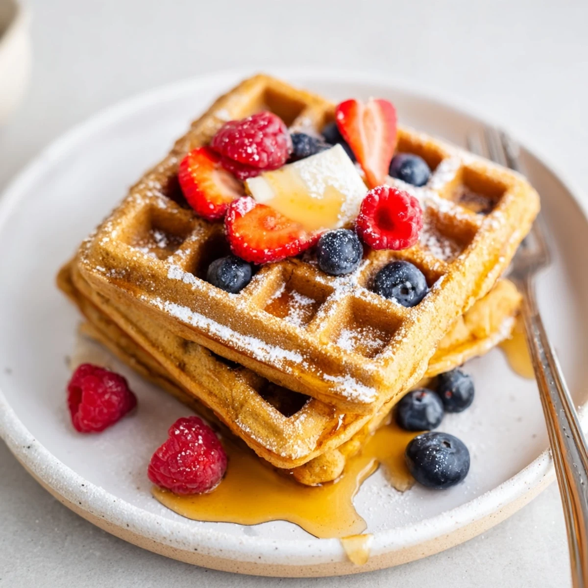 Stack of Almond Flour Waffles With Berries served warm, powdered sugar dusting