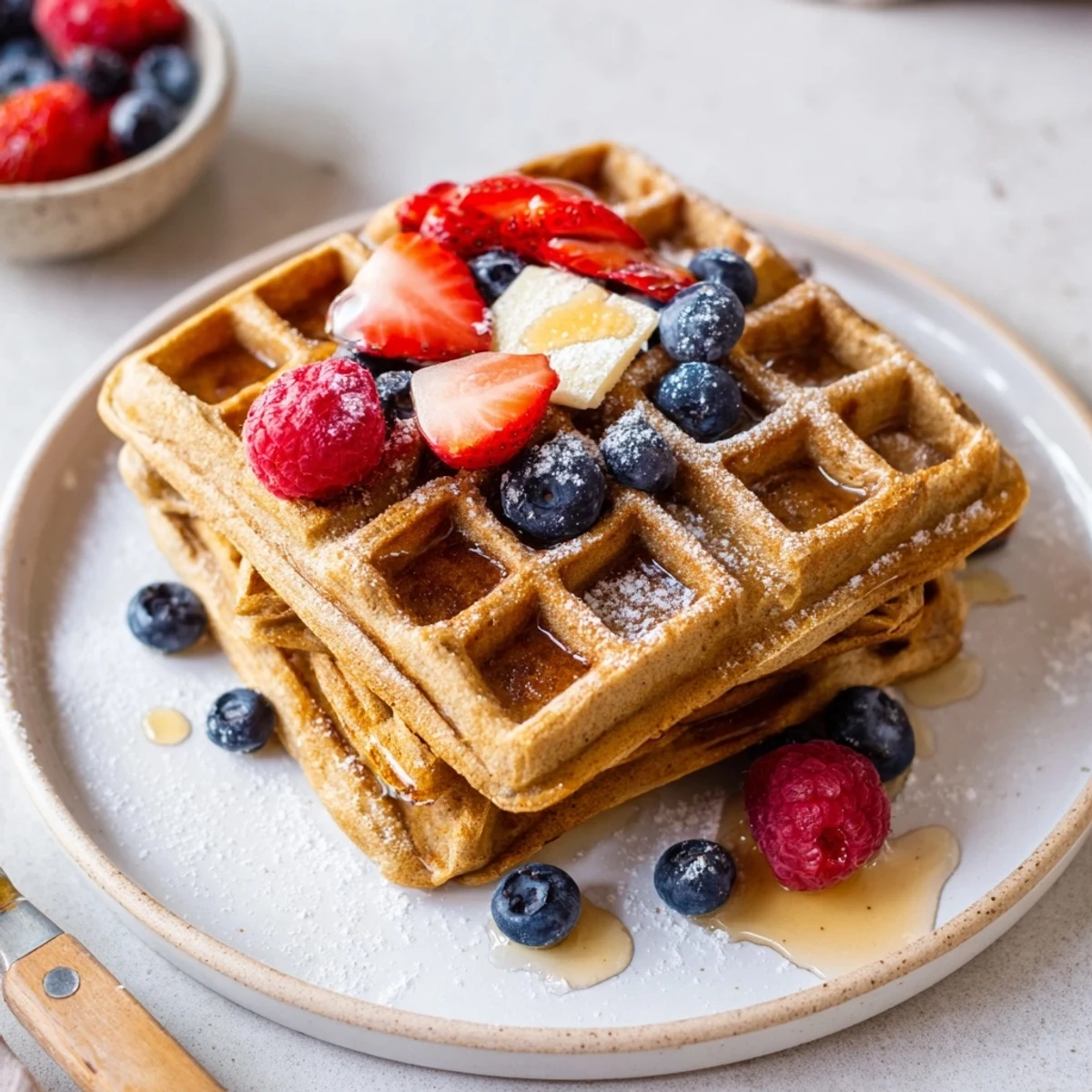 Almond Flour Waffles With Berries on brunch plate, tart berries and buttery aroma