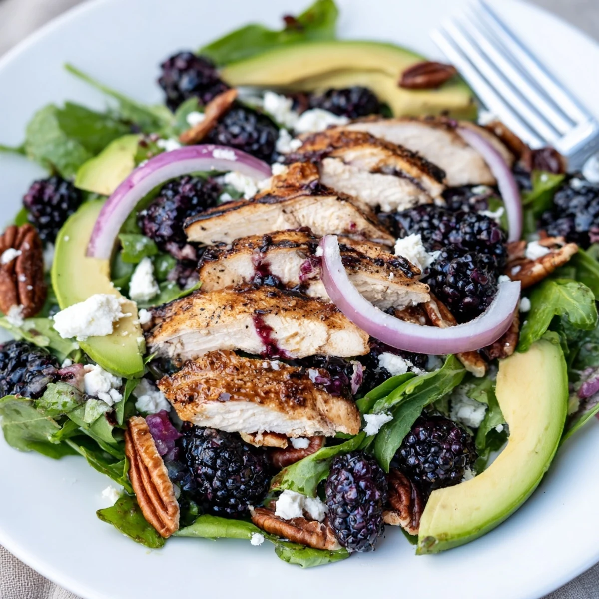 Sweet Tangy Blackberry Chicken Salad with sliced grilled chicken and glossy vinaigrette.