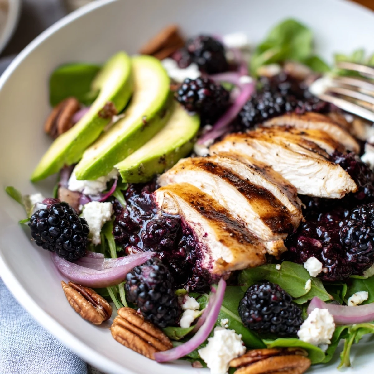 Summer Sweet Tangy Blackberry Chicken Salad drizzled with balsamic vinaigrette, avocado slices.