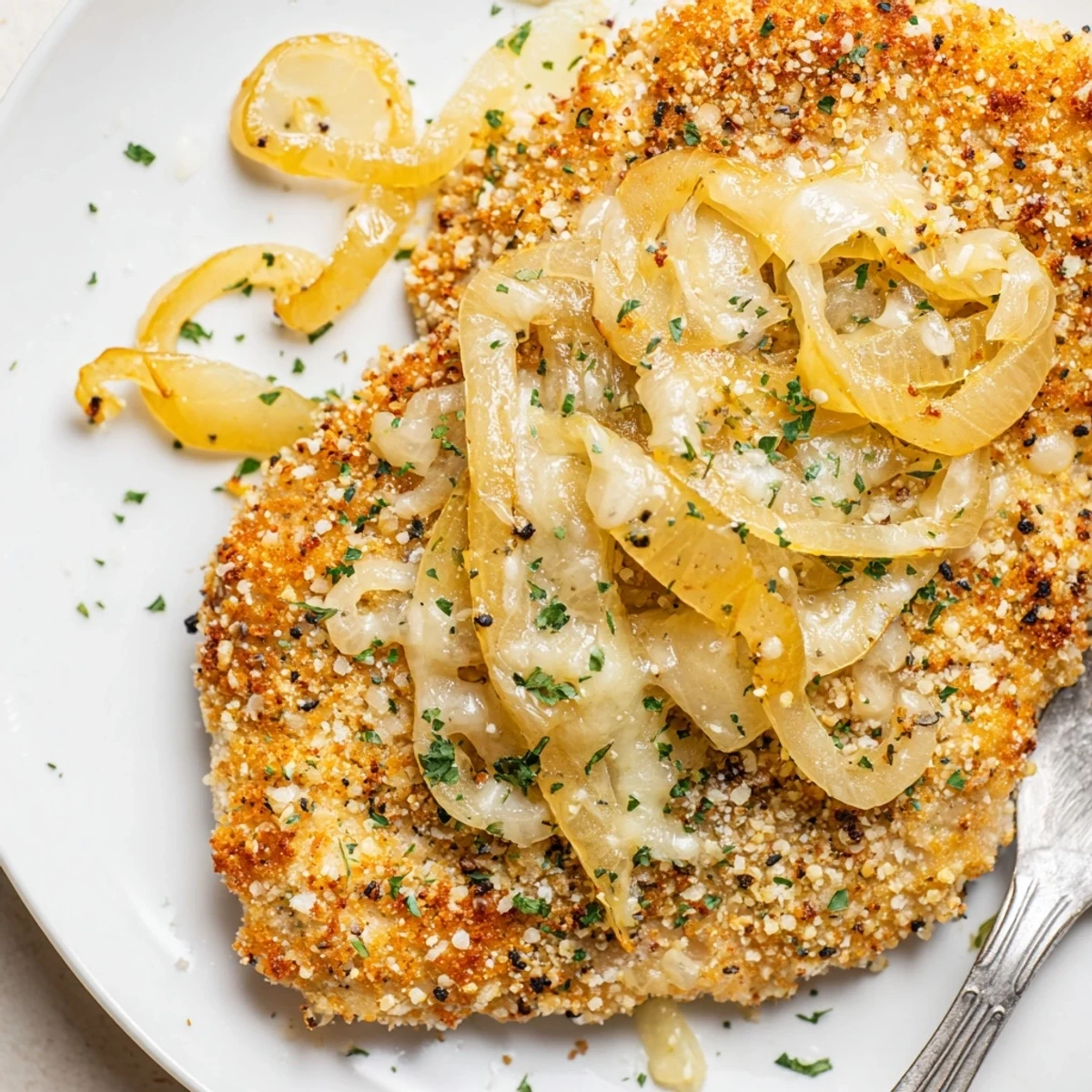 Sliced Crispy Chicken Caramelized Onions Melted Cheese served with parsley and salad