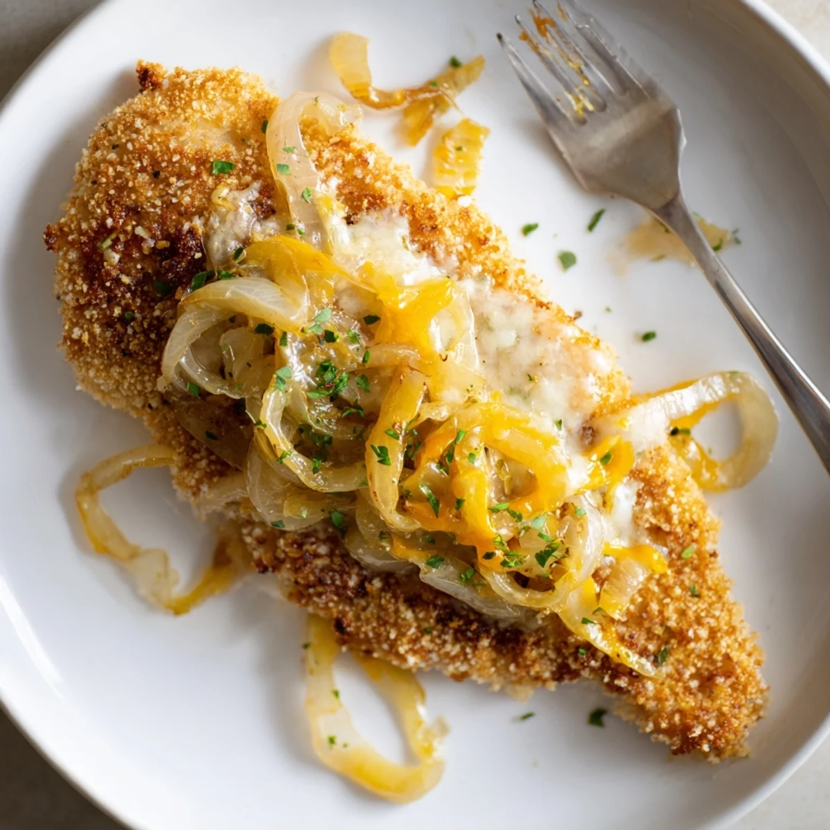 Crispy Chicken Caramelized Onions Melted Cheese on baking sheet, golden, gooey topping