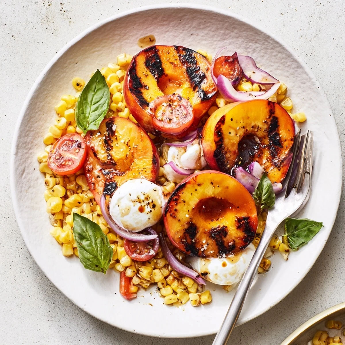 Grilled Peach Corn Salad with Creamy Cheese, charred peaches and juicy corn kernels