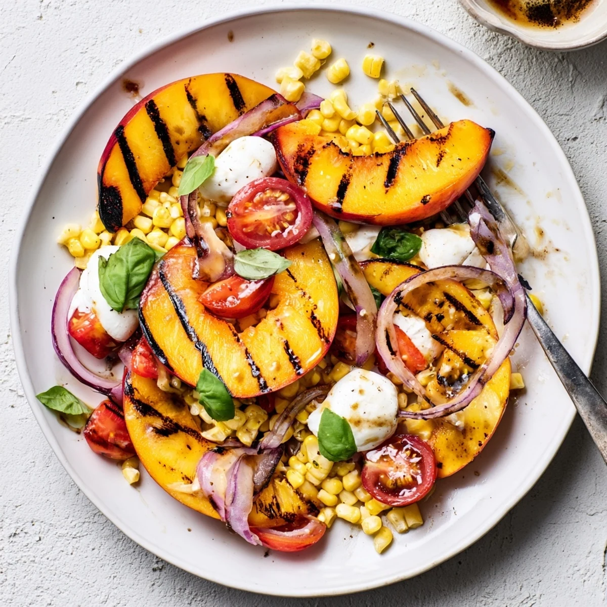 Bright Grilled Peach Corn Salad with Creamy Cheese, smoky grill aroma, tender peaches