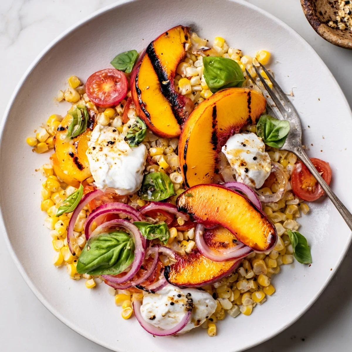 A picnic-ready Grilled Peach Corn Salad with Creamy Cheese, basil and tangy dressing