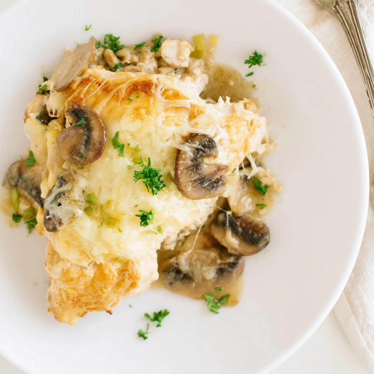 Cheesy Chicken Mushroom Bake bubbling golden, creamy sauce over tender baked chicken.