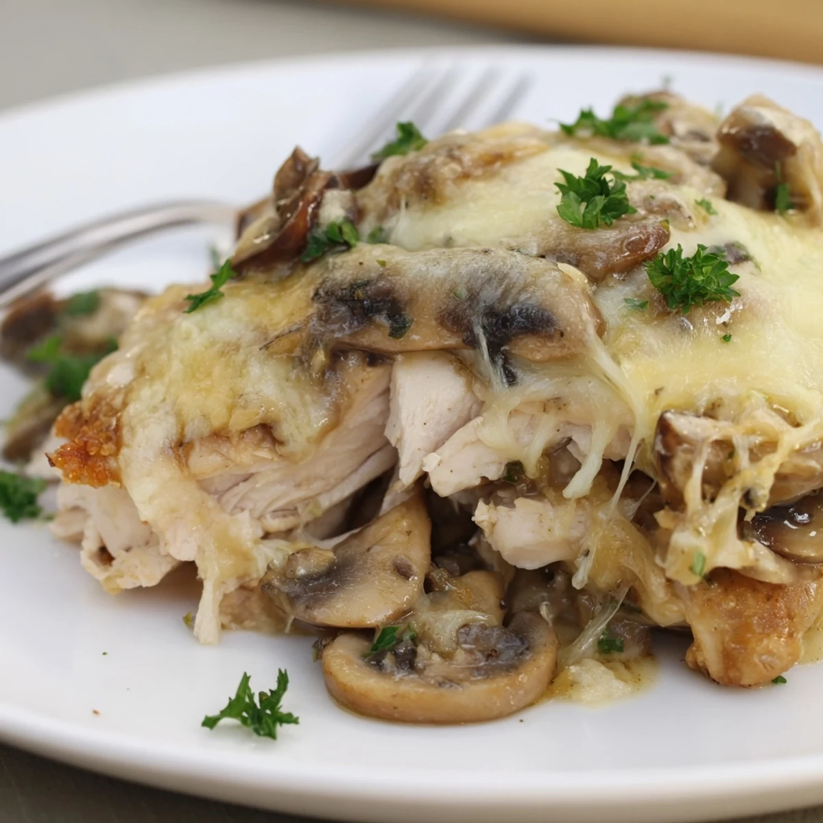 Cheesy Chicken Mushroom Bake sliced, served over mashed potatoes with parsley garnish.