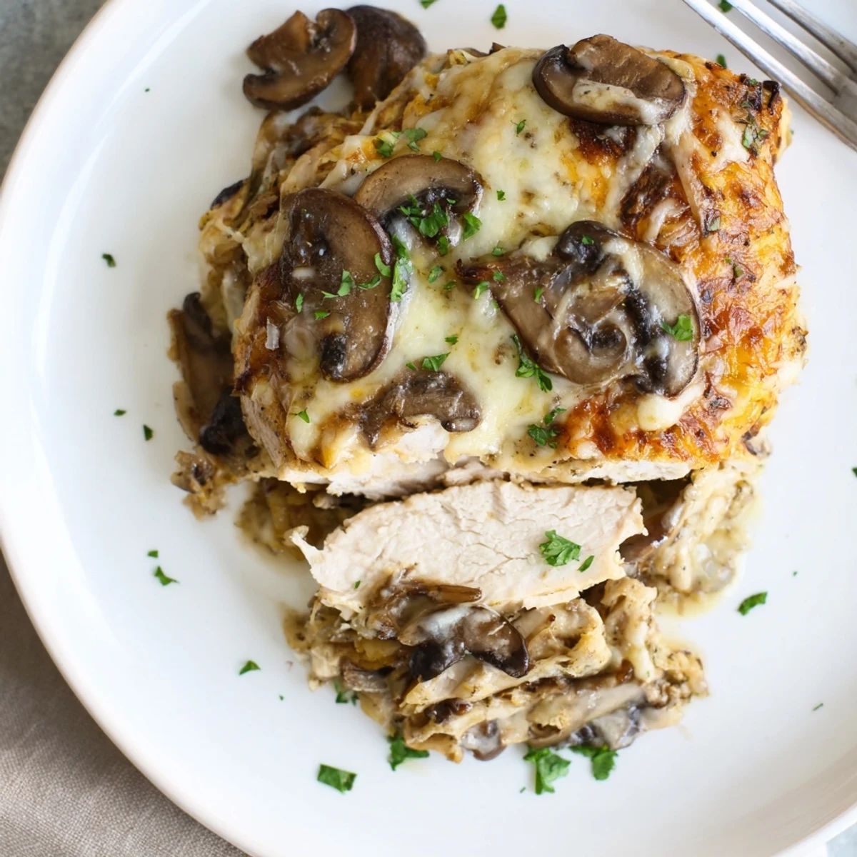 Fresh from the oven Cheesy Chicken Mushroom Bake, bubbling mozzarella and creamy sauce.