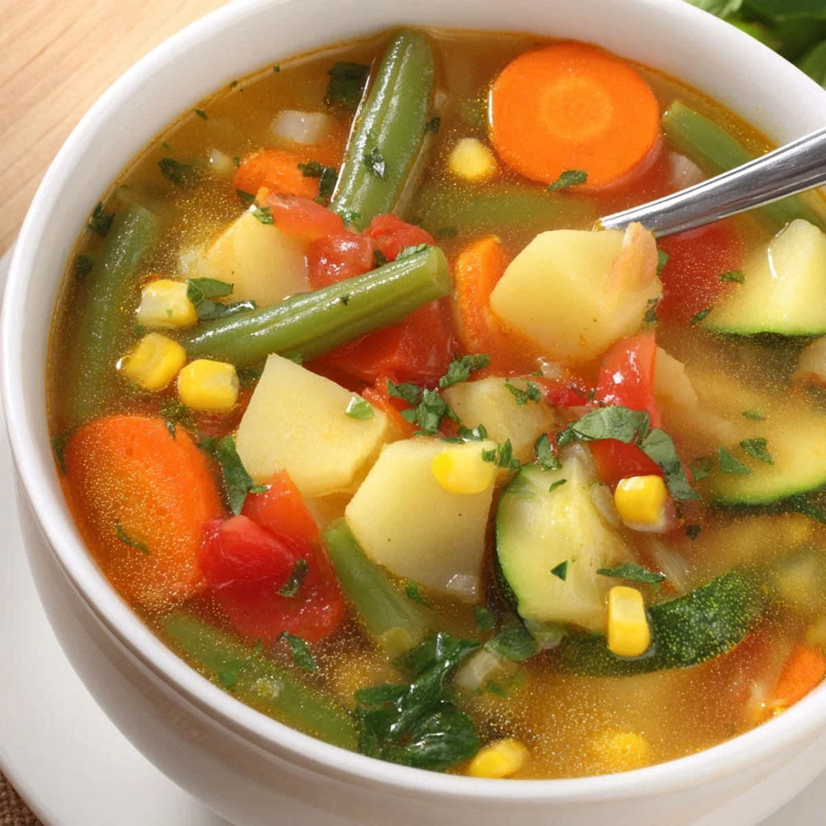 Steaming Vegetable Soup in a white bowl with colorful vegetables, parsley