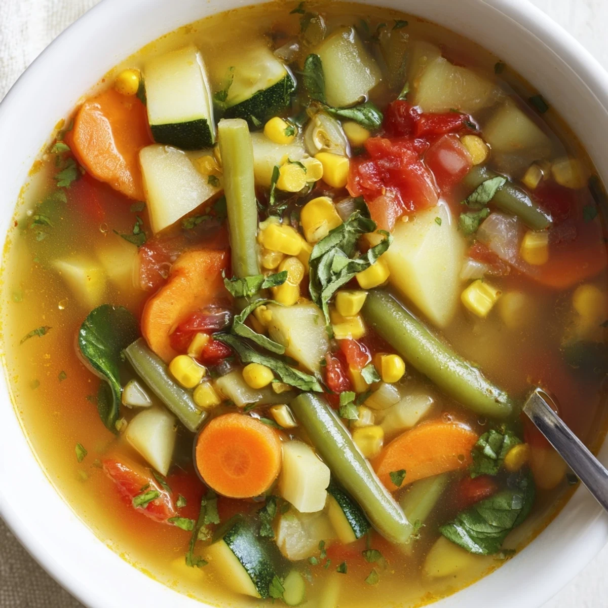 Hearty Vegetable Soup ladled into bowls, tender potatoes, carrots, crusty bread
