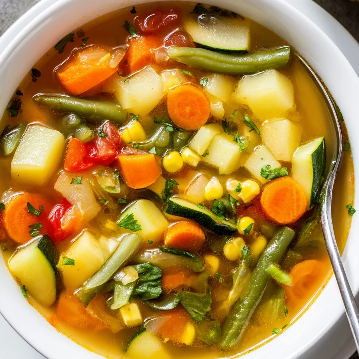 Home-cooked Vegetable Soup simmering in pot, aromatic herbs and wilted spinach