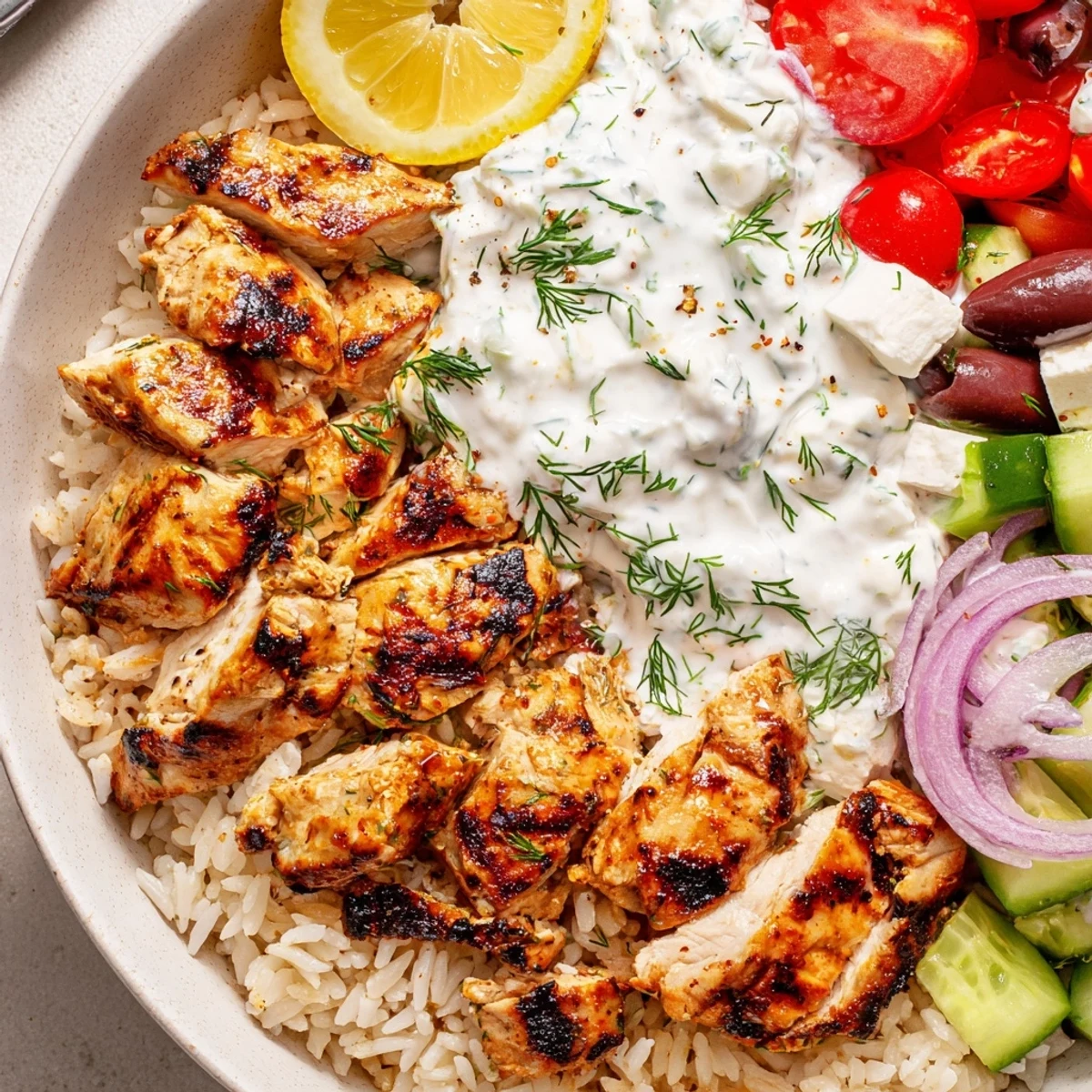 Greek Chicken Bowls with golden grilled chicken, vibrant veggies, creamy tzatziki