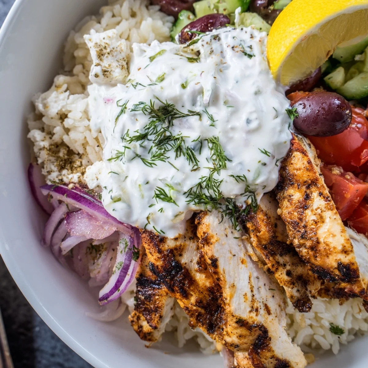 Warm Greek Chicken Bowls layered with fluffy herbed rice and tangy feta