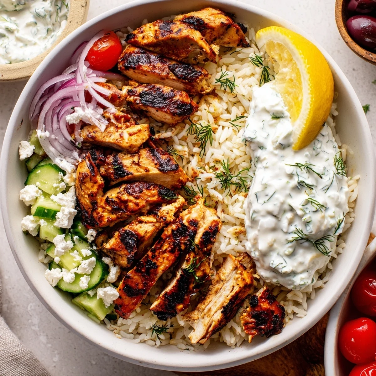 Greek Chicken Bowls served with grilled pita, lemon wedges, crunchy cucumber