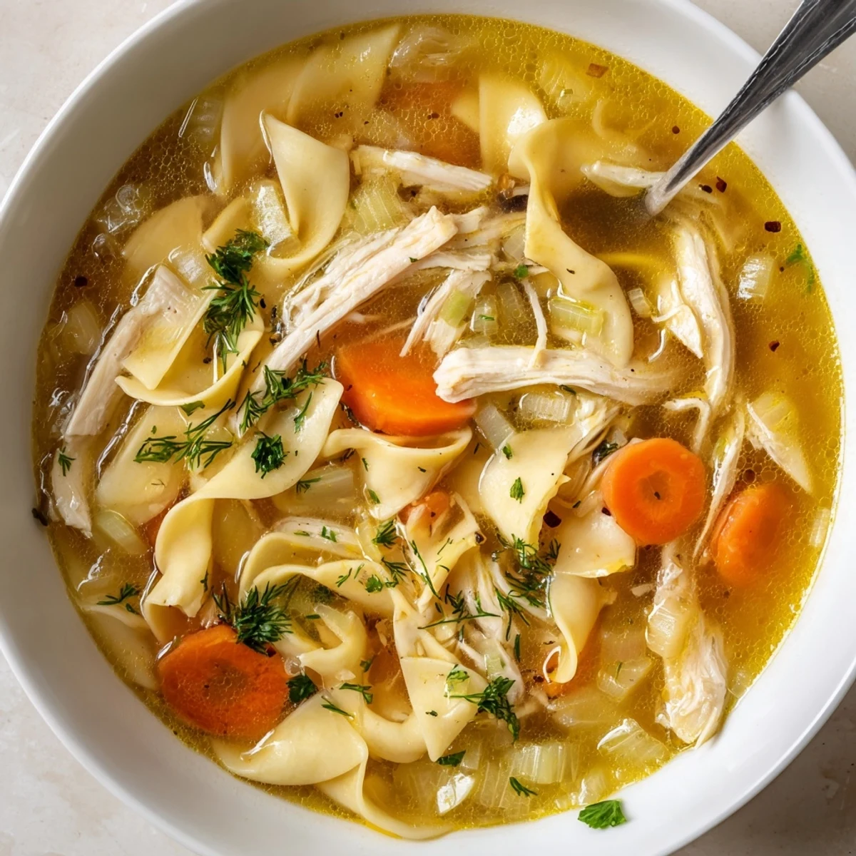 Chicken Soup steaming in a bowl, tender shredded meat and aromatic vegetables