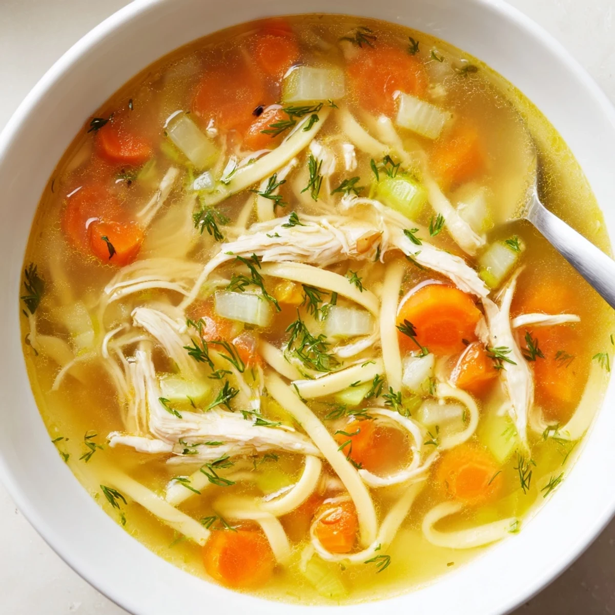 Homemade Chicken Soup ladled over gluten-free noodles, fragrant herbs on top