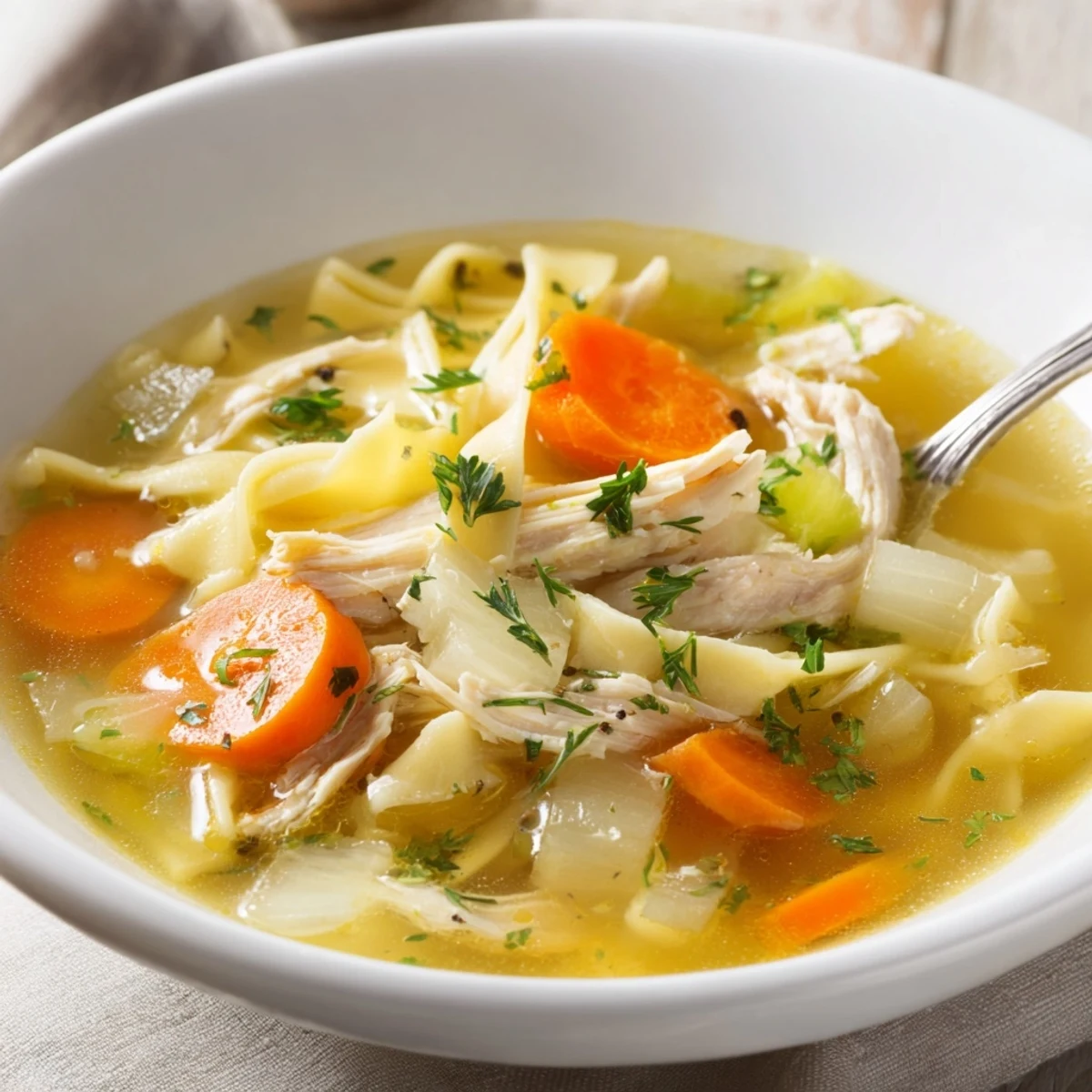 Warm Chicken Soup on a cold evening, bright parsley garnish, spoon ready