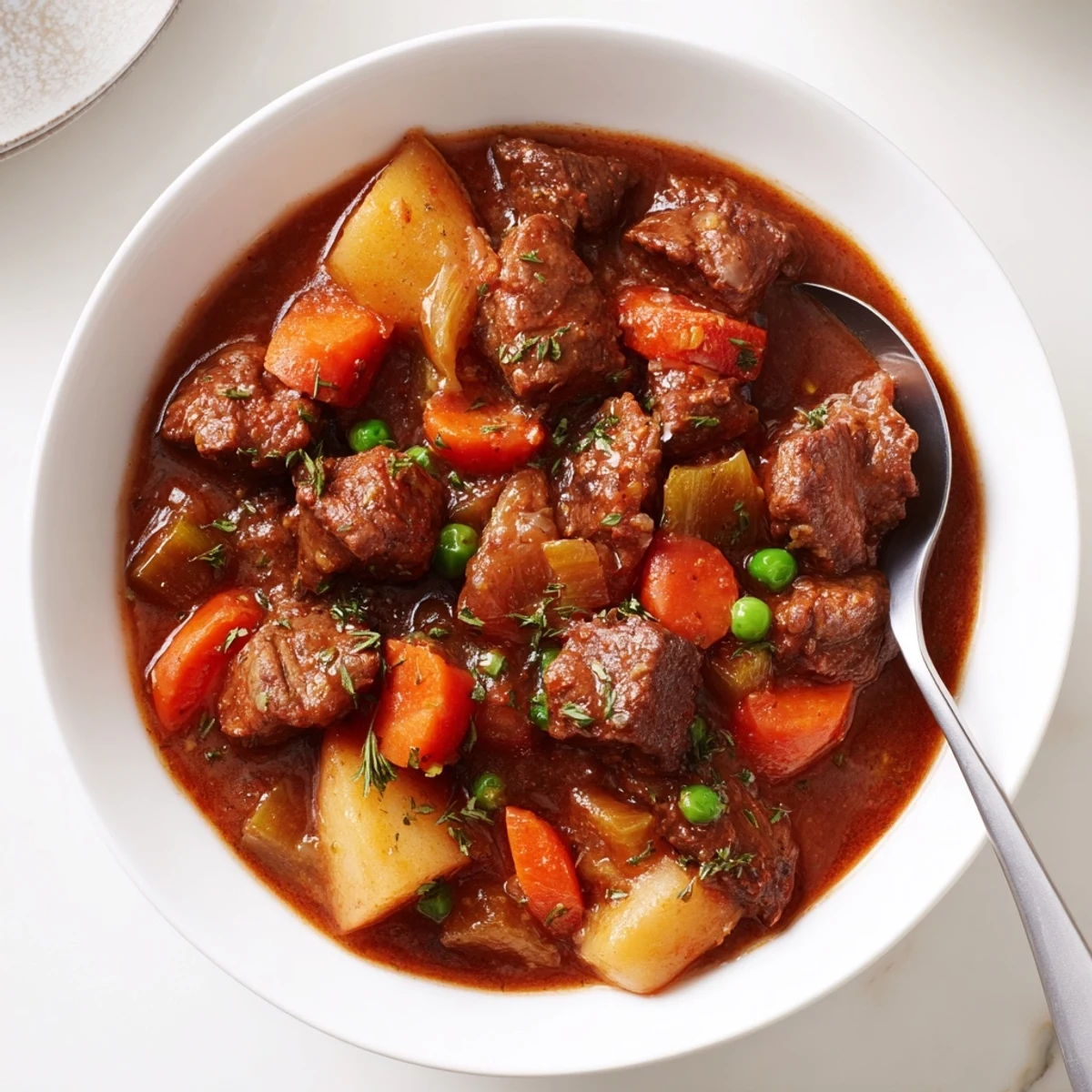 Hearty Beef Stew steaming in a Dutch oven with chunky vegetables